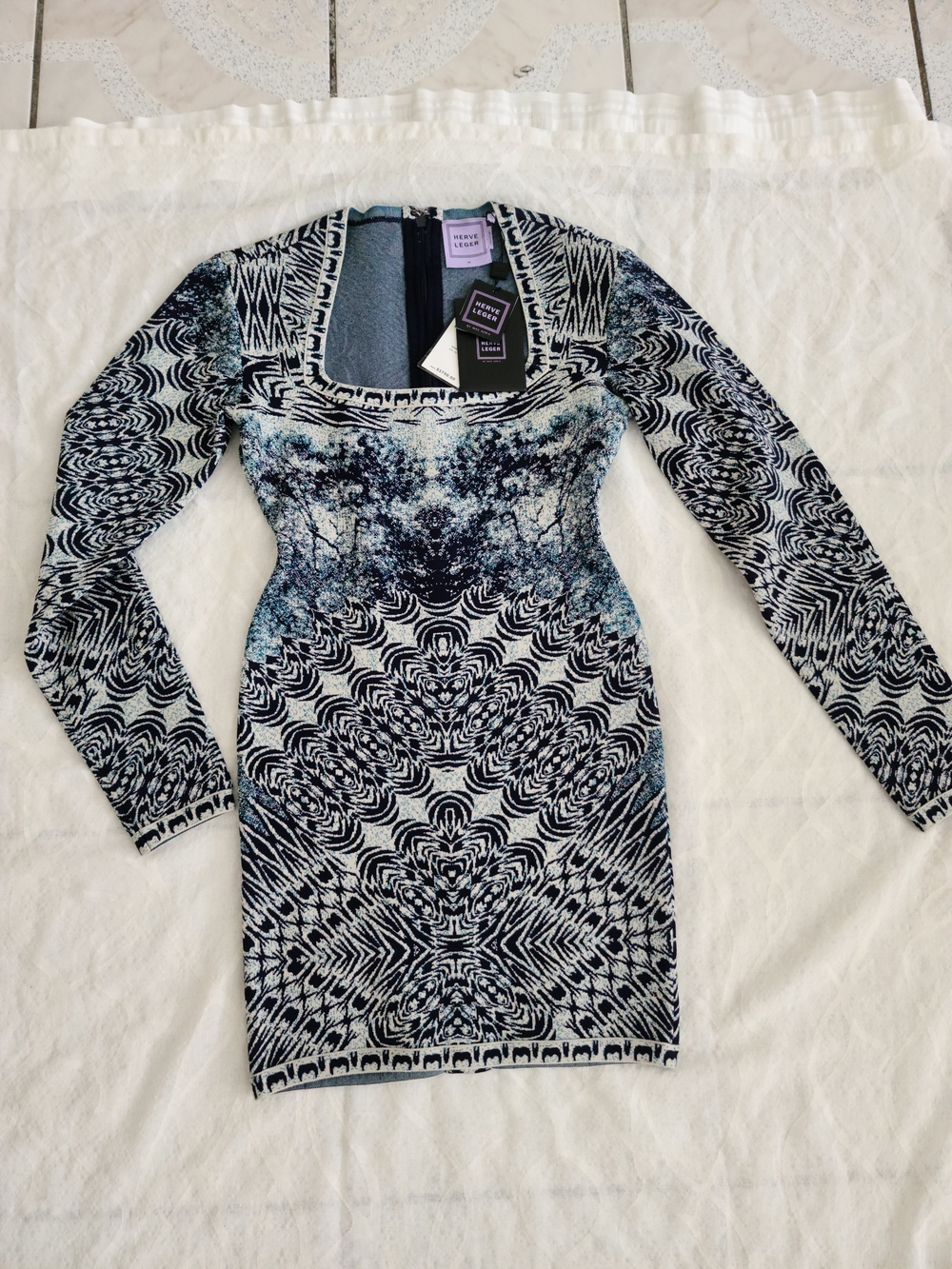 Herve Leger Blue & White Long Sleeve Bodycon Dress